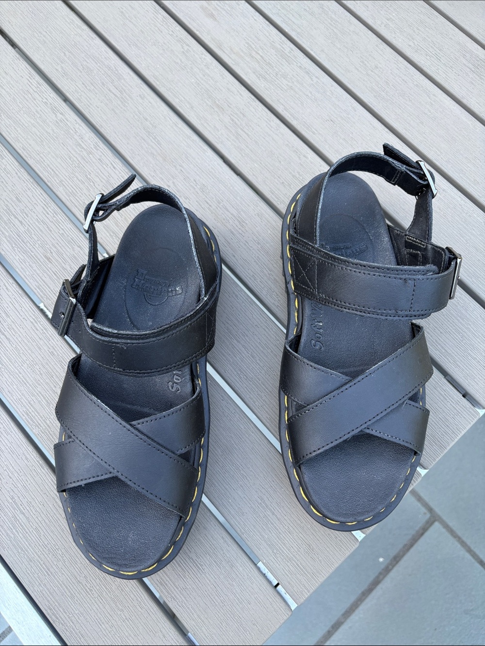 Dr. Martens Black Leather Platform Sandals with Yellow Stitching - Picture 5 of 7